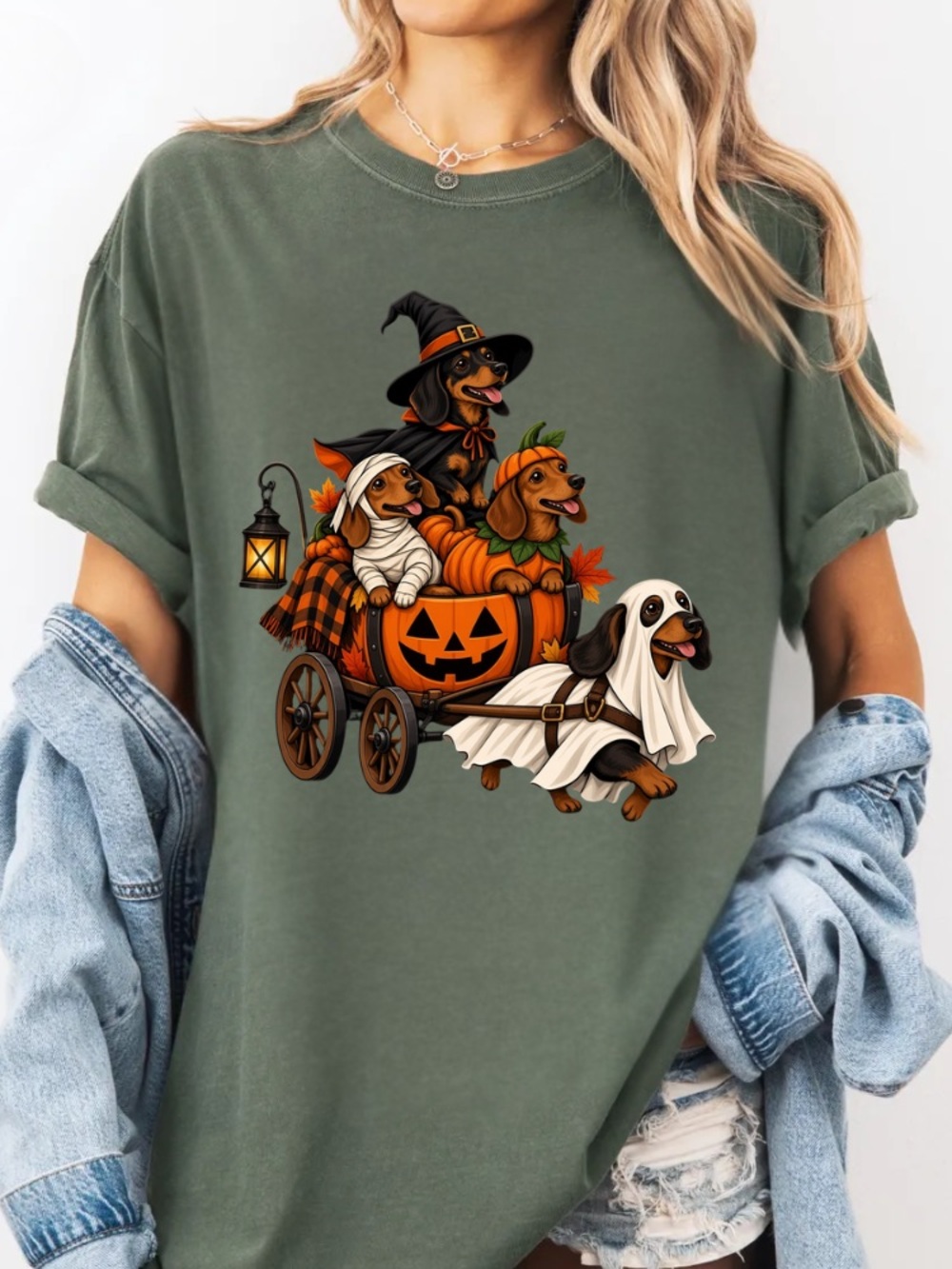 Comfort Colors Dachshunds In Halloween Costumes Witch Mummy Pumpkin Ghost Tee